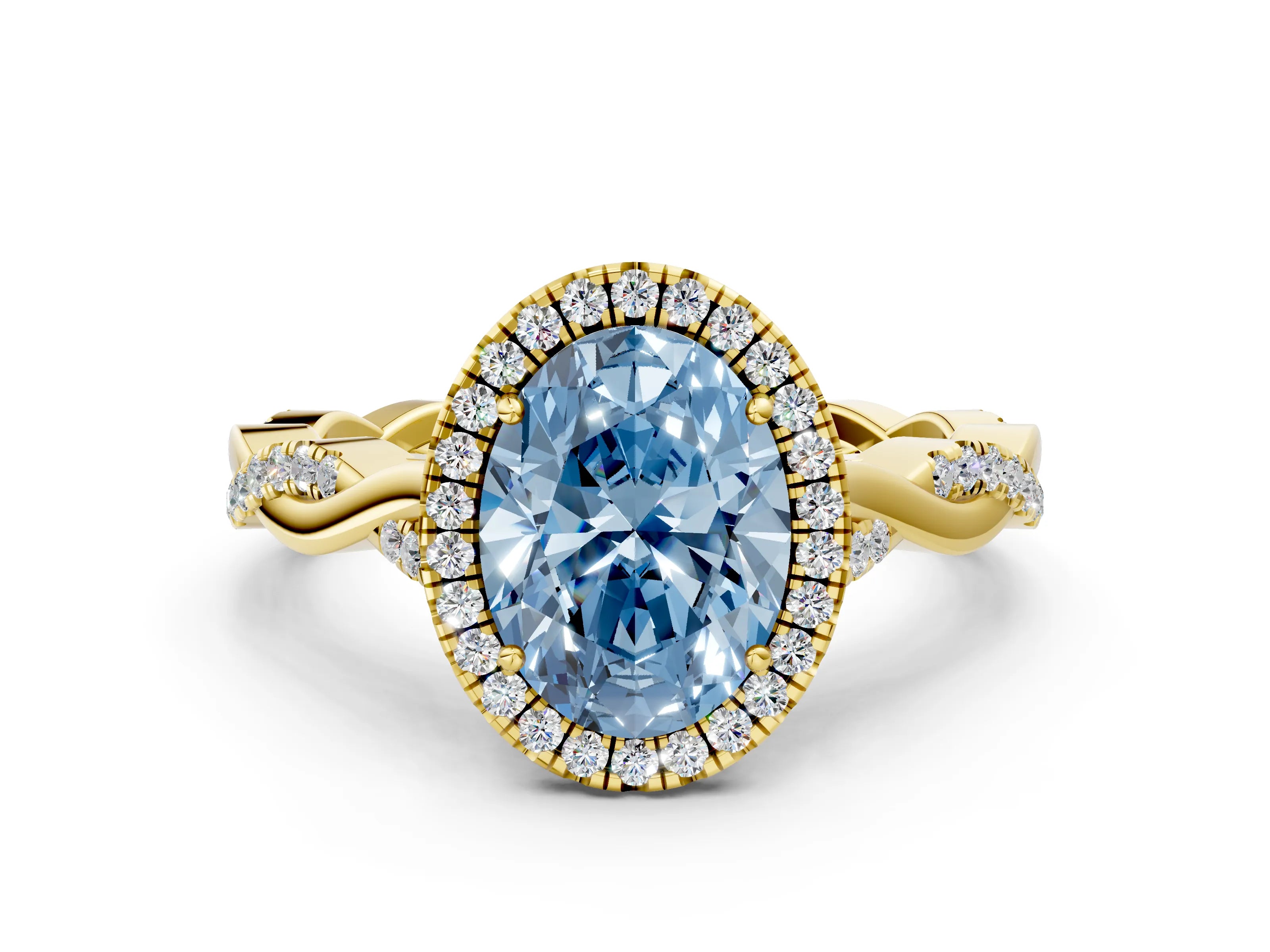 Yellow gold Fancy Blue Oval Cut Halo Twist Band with Four-Prong Setting
