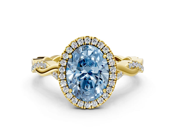 Yellow gold Fancy Blue Oval Cut Halo Twist Band with Four-Prong Setting