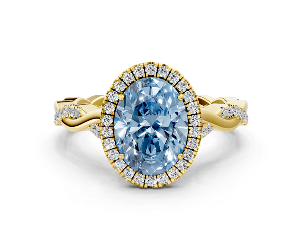 Yellow gold Fancy Blue Oval Cut Halo Twist Band with Four-Prong Setting