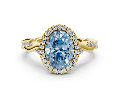 Yellow gold Fancy Blue Oval Cut Halo Twist Band with Four-Prong Setting_12