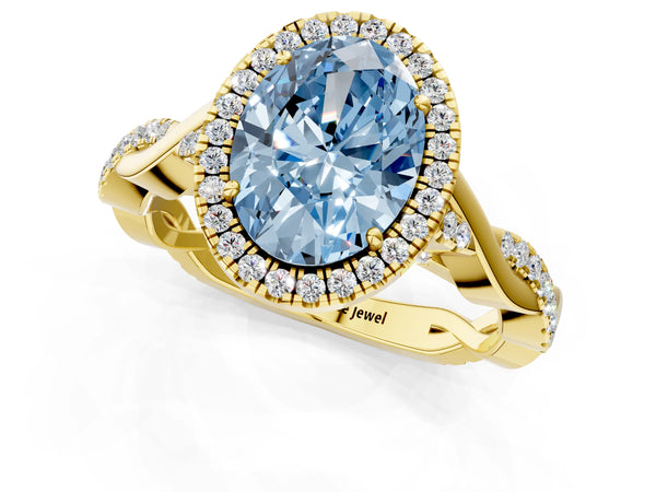 Yellow gold Fancy Blue Oval Cut Halo Twist Band with Four-Prong Setting