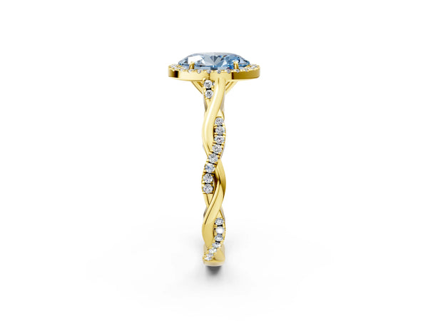 Yellow gold Fancy Blue Oval Cut Halo Twist Band with Four-Prong Setting