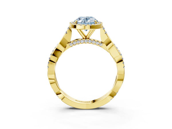 Yellow gold Fancy Blue Oval Cut Halo Twist Band with Four-Prong Setting