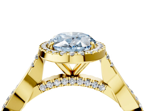 Yellow gold Fancy Blue Oval Cut Halo Twist Band with Four-Prong Setting_16