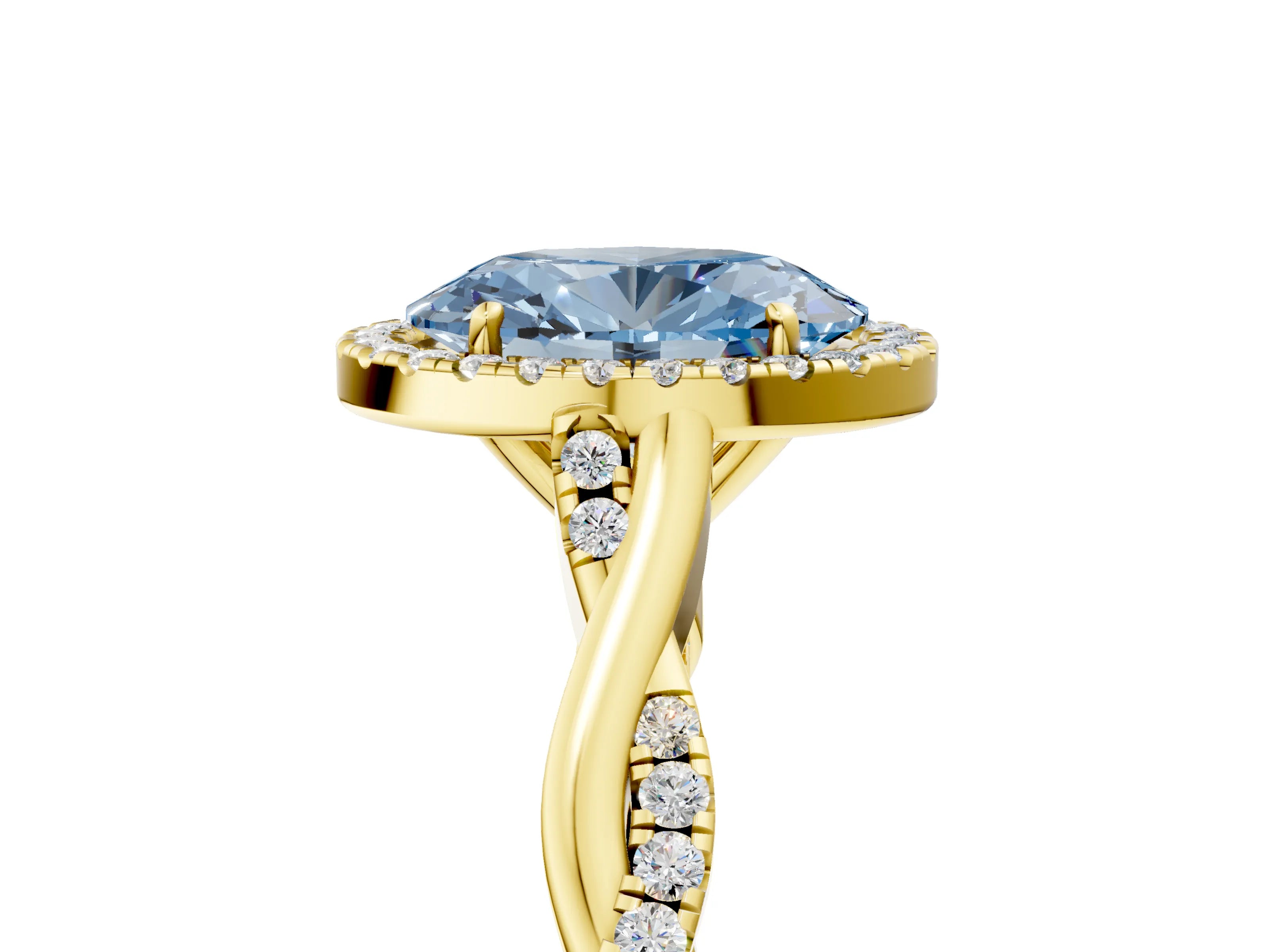 Yellow gold Fancy Blue Oval Cut Halo Twist Band with Four-Prong Setting_17