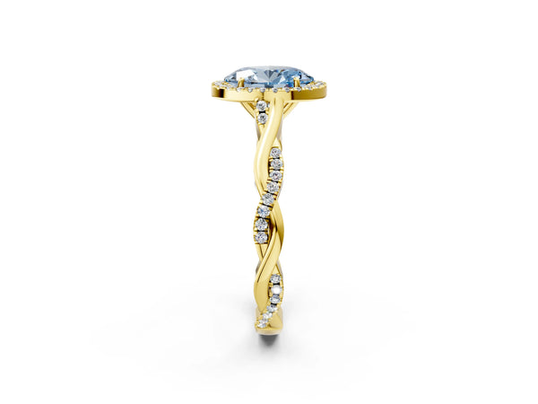 Yellow gold Fancy Blue Oval Cut Halo Twist Band with Four-Prong Setting