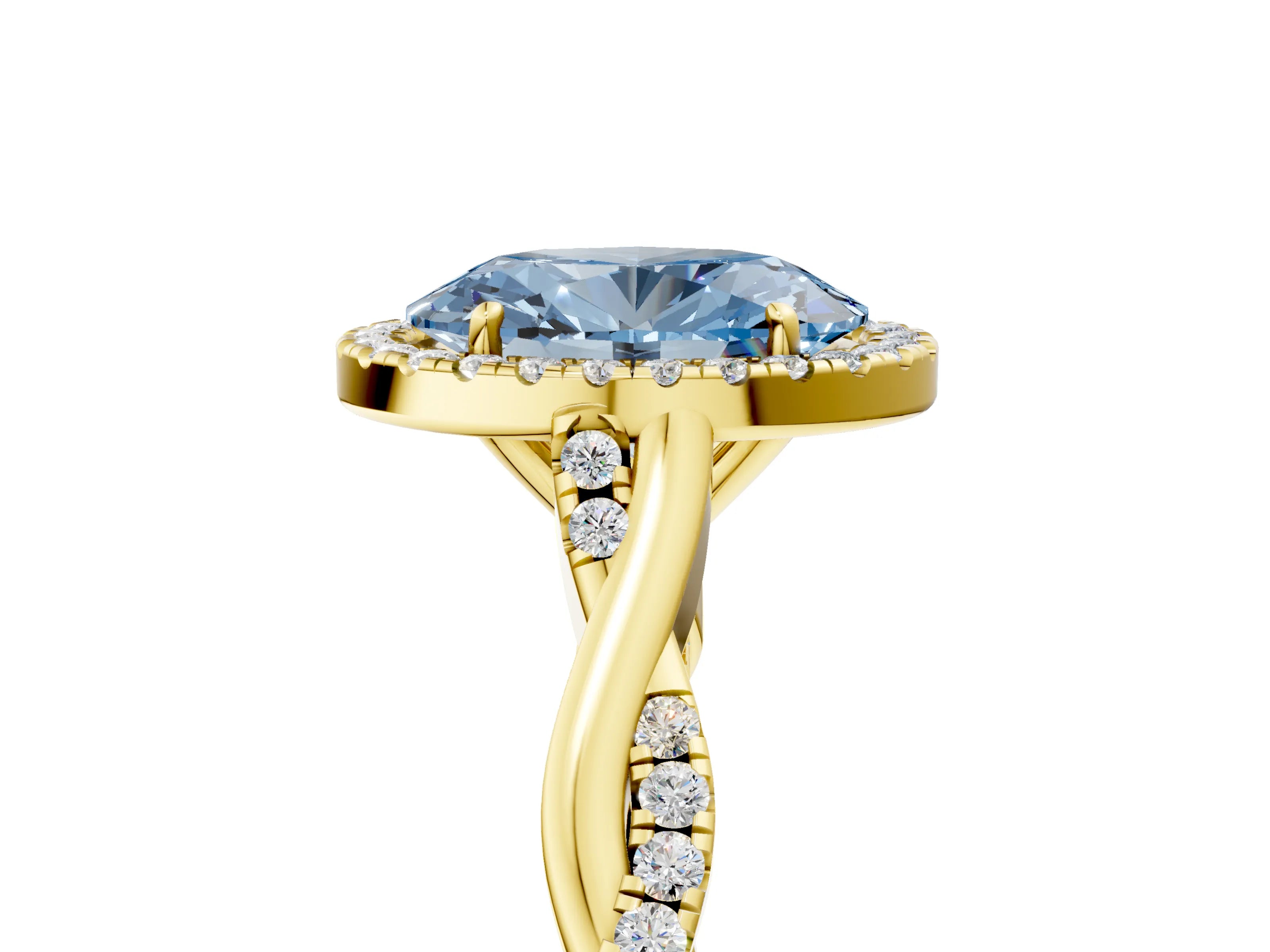 Yellow gold Fancy Blue Oval Cut Halo Twist Band with Four-Prong Setting_5