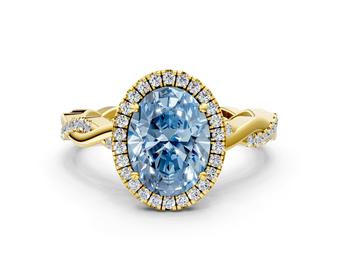 Yellow gold Fancy Blue Oval  Cut Halo Twisted Band Four-Prong Ring_20
