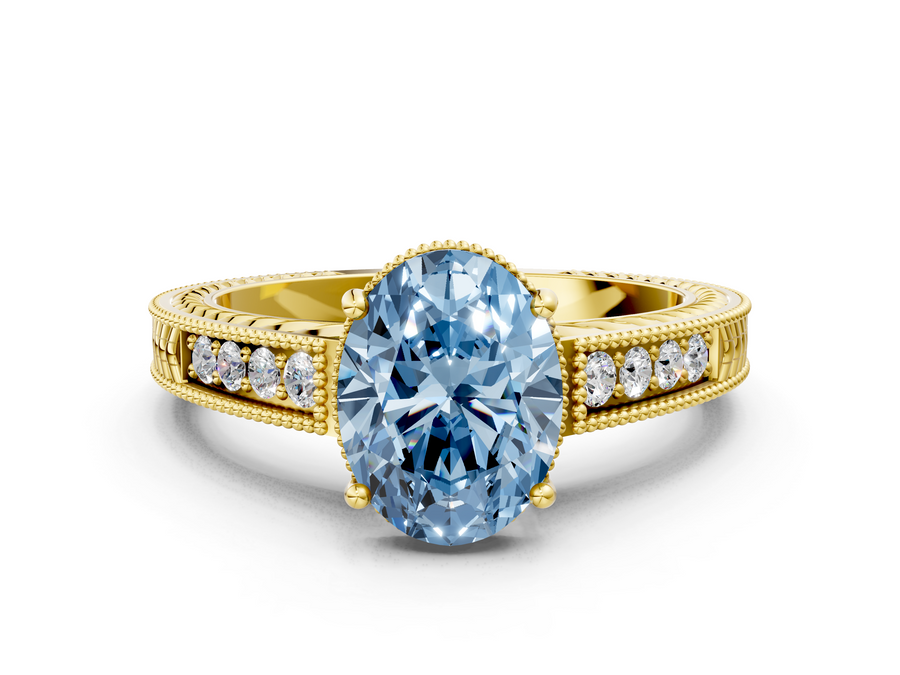 Yellow gold Fancy Blue Oval Cut Diamond Engagement Ring with Milgrain Channel Set Band and Prong Setting