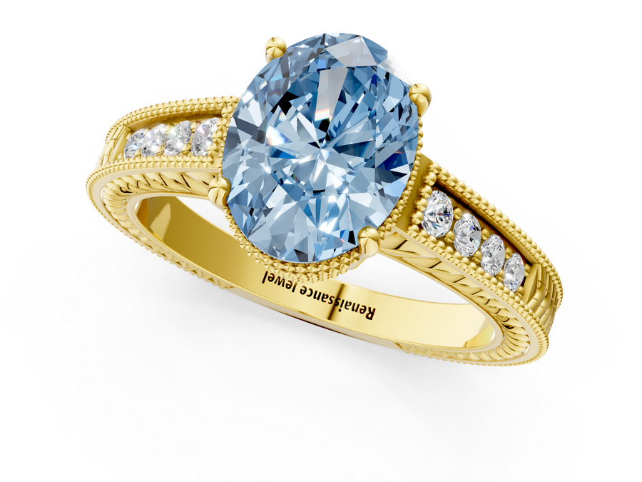 Yellow gold Fancy Blue Oval Cut Diamond Engagement Ring with Milgrain Channel Set Band and Prong Setting