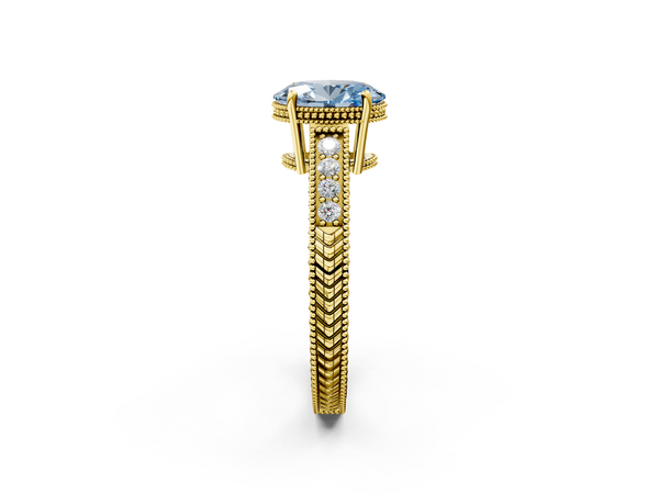 Yellow gold Fancy Blue Oval Cut Diamond Engagement Ring with Milgrain Channel Set Band and Prong Setting