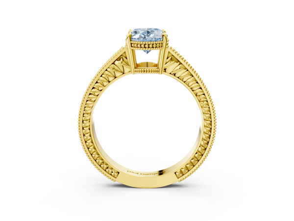 Yellow gold Fancy Blue Oval Cut Diamond Engagement Ring with Milgrain Channel Set Band and Prong Setting