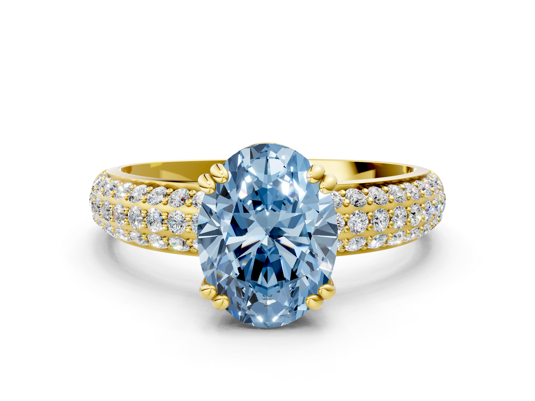 Yellow gold Fancy Blue Oval  Cut Pave Diamond Engagement Ring with Channel Set Band and Four-Prong Setting_20