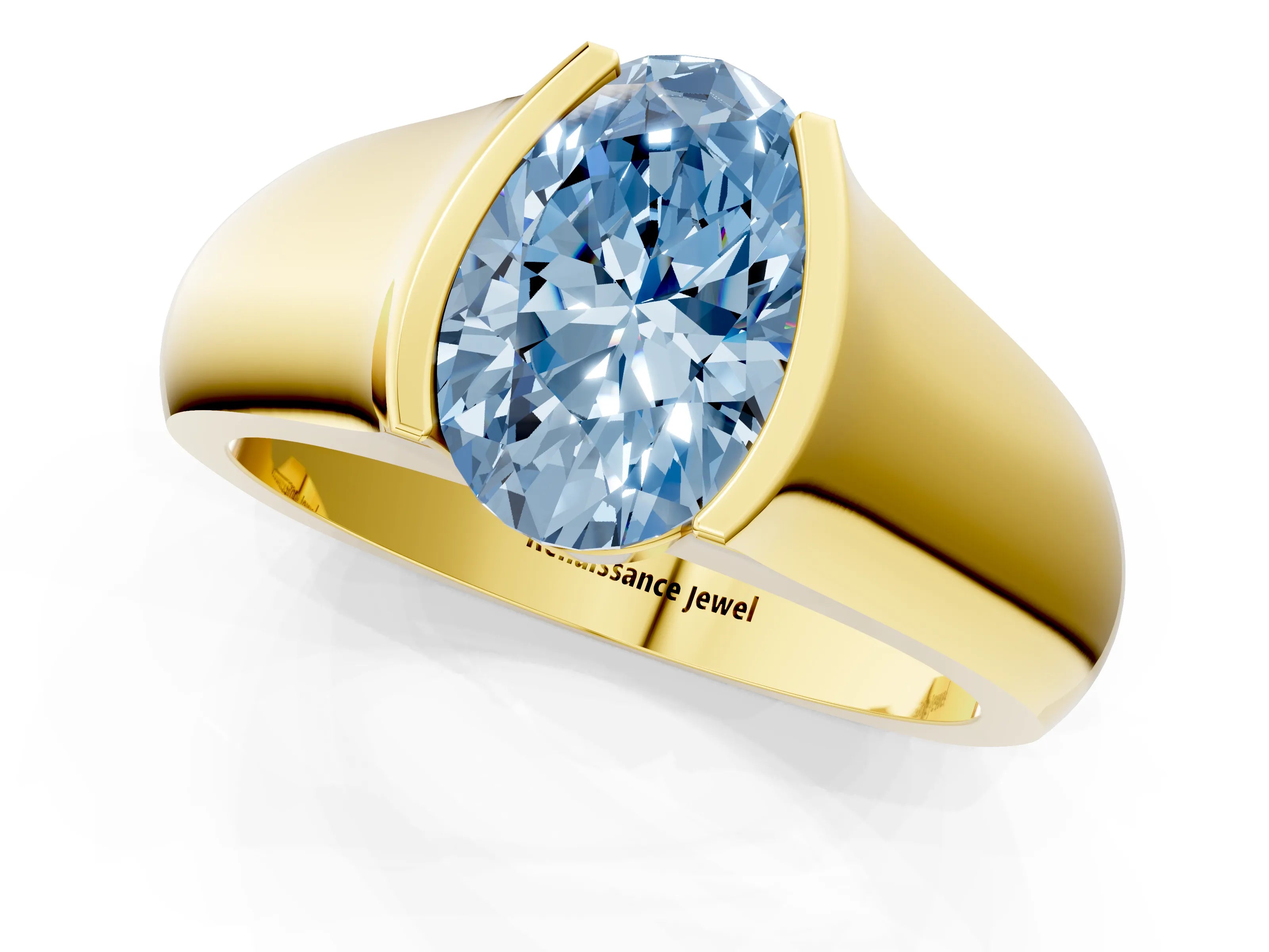 Yellow gold Fancy Blue Oval Cut Solitaire Bezel Set Diamond Ring with Wide Band_1