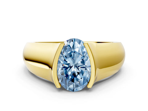 Yellow gold Fancy Blue Oval Cut Solitaire Bezel Set Diamond Ring with Wide Band