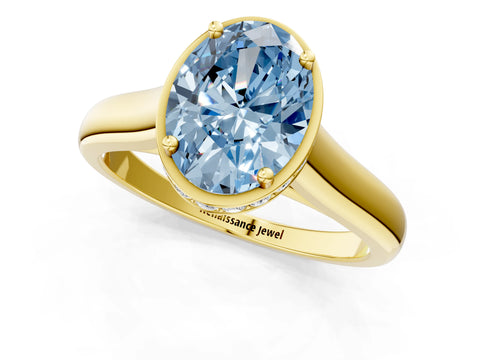 Yellow gold Fancy Blue Oval Cut Solitaire Diamond Engagement Ring with Four-Prong Setting and Tapered Band_1
