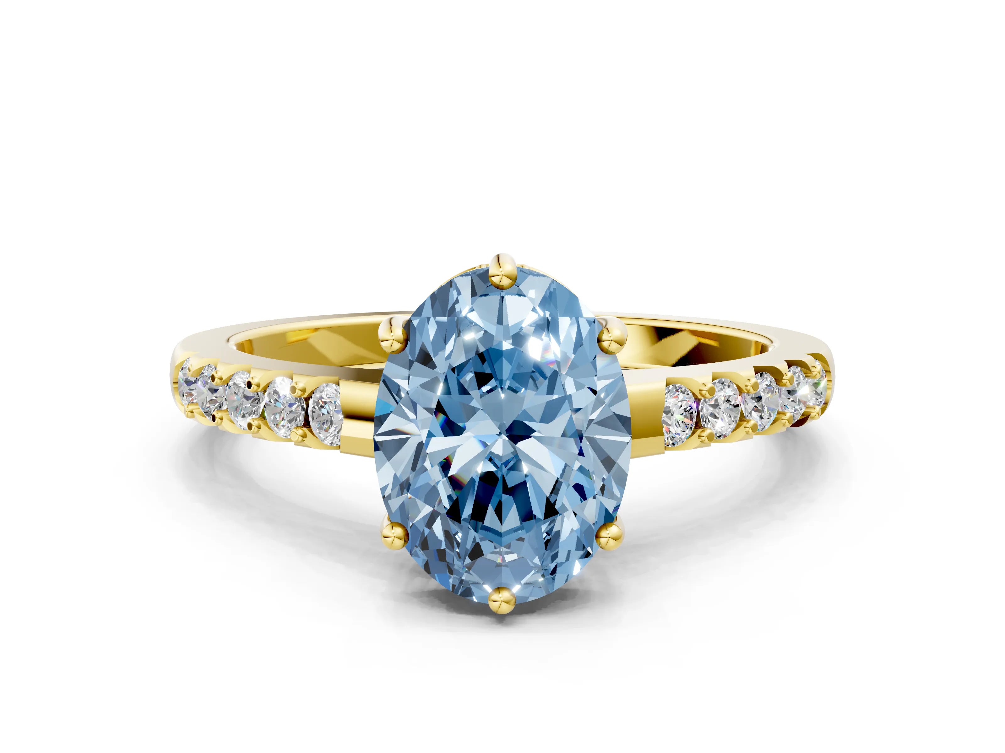 Yellow gold Fancy Blue Oval Cut Solitaire Diamond Engagement Ring with Pavé Band and Six-Prong Setting_12