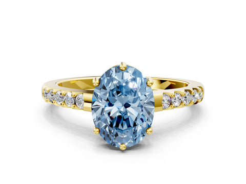 Yellow gold Fancy Blue Oval Cut Solitaire Diamond Engagement Ring with Pavé Band and Six-Prong Setting_12