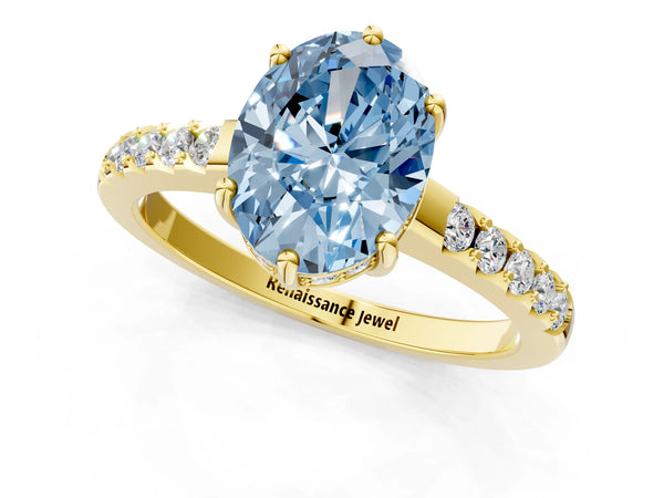 Yellow gold Fancy Blue Oval Cut Solitaire Diamond Engagement Ring with Pavé Band and Six-Prong Setting
