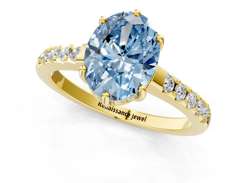 Yellow gold Fancy Blue Oval Cut Solitaire Diamond Engagement Ring with Pavé Band and Six-Prong Setting_13