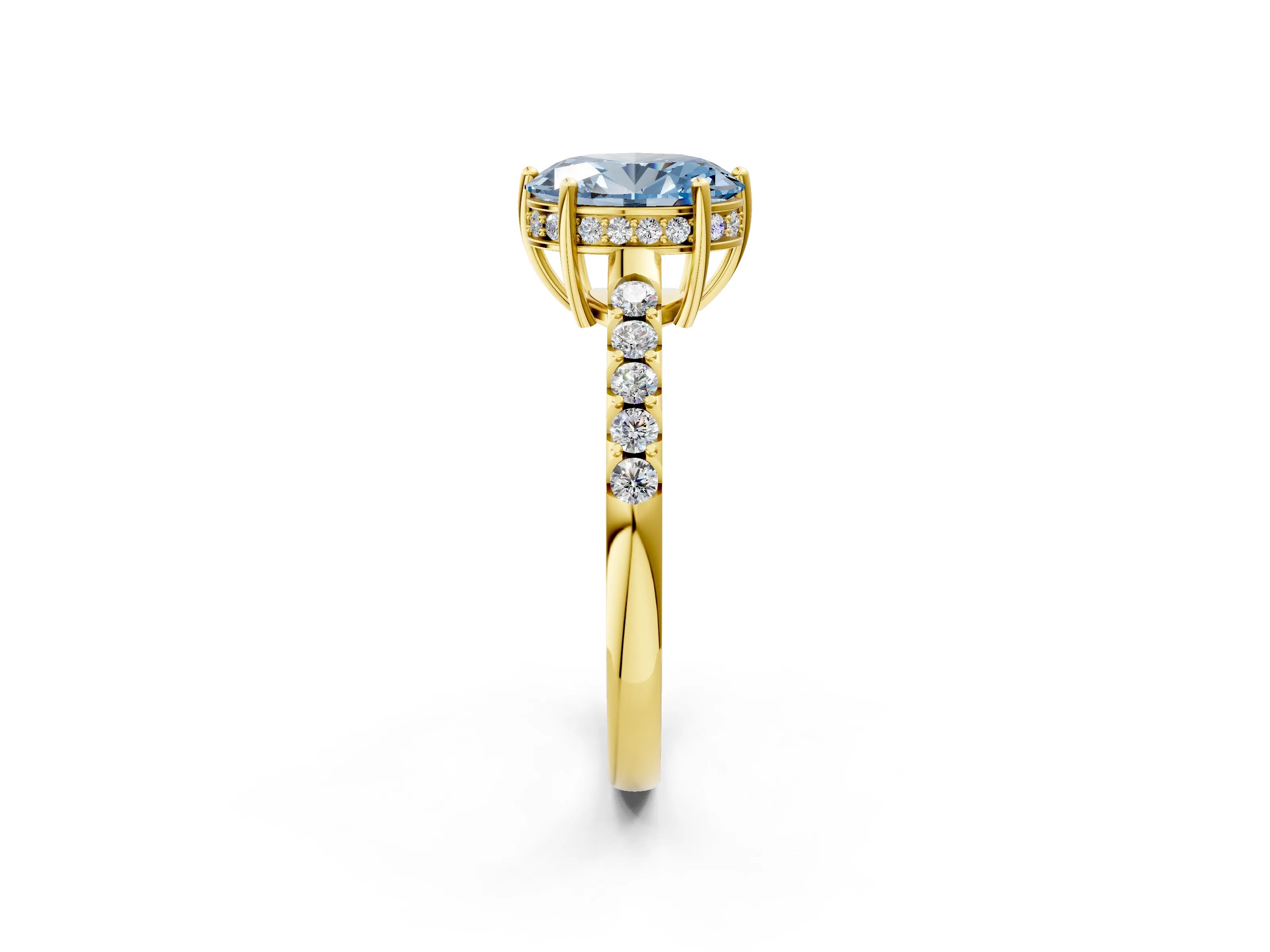 Yellow gold Fancy Blue Oval Cut Solitaire Diamond Engagement Ring with Pavé Band and Six-Prong Setting_14