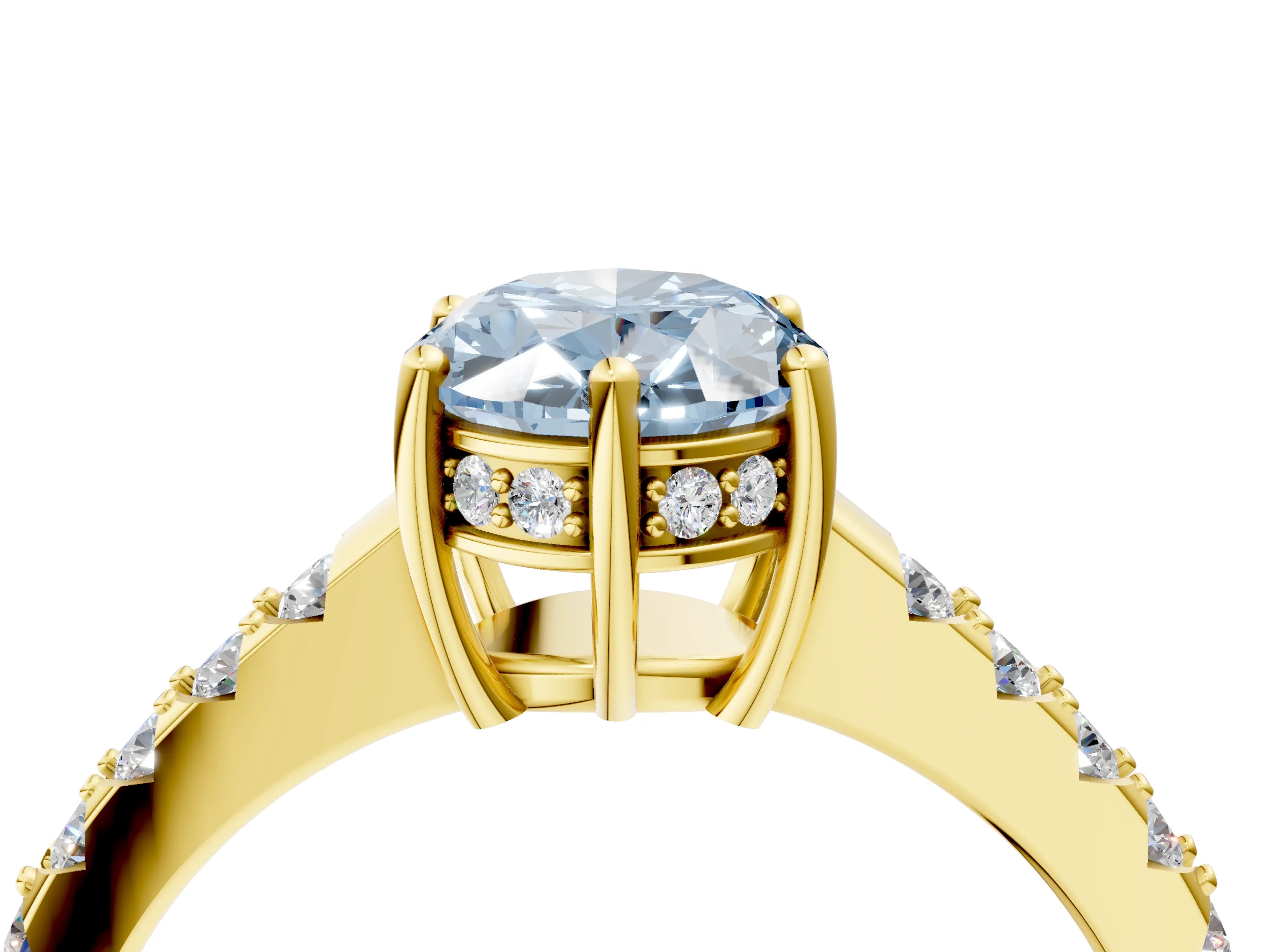Yellow gold Fancy Blue Oval Cut Solitaire Diamond Engagement Ring with Pavé Band and Six-Prong Setting_16