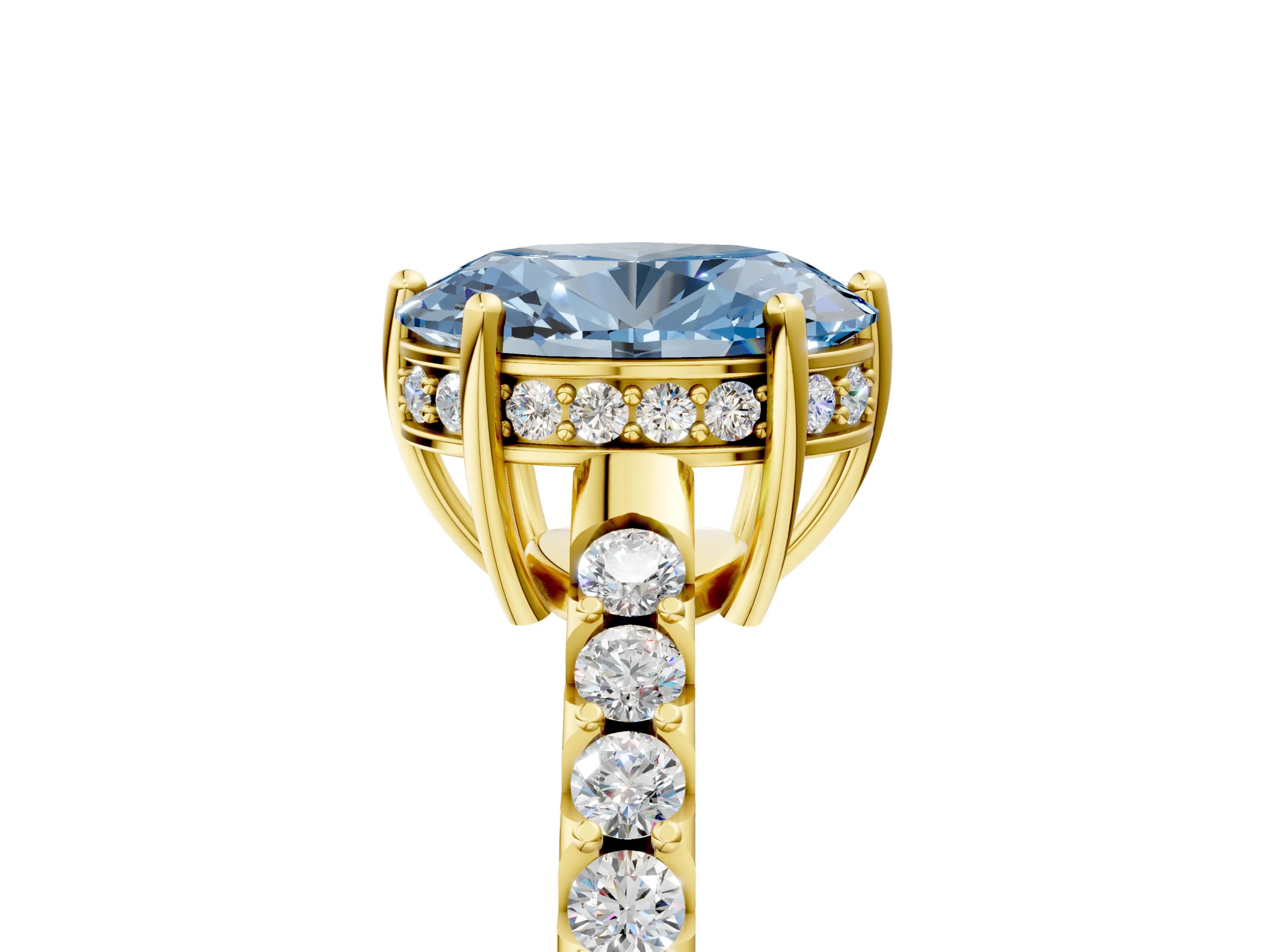 Yellow gold Fancy Blue Oval Cut Solitaire Diamond Engagement Ring with Pavé Band and Six-Prong Setting_17
