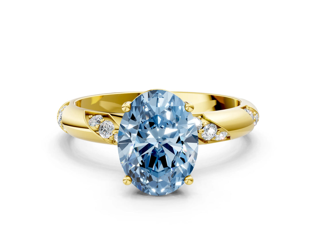Yellow gold Fancy Blue Oval Cut Solitaire Diamond Engagement Ring with Twisted Pave Band and Four-Prong Setting_3
