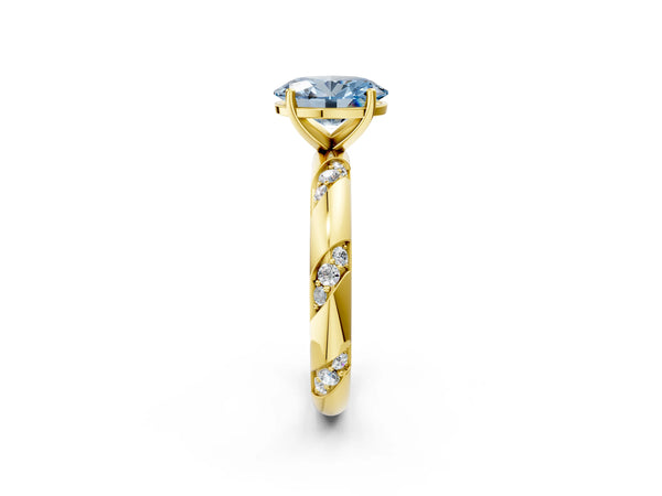 Yellow gold Fancy Blue Oval Cut Solitaire Diamond Engagement Ring with Twisted Pave Band and Four-Prong Setting