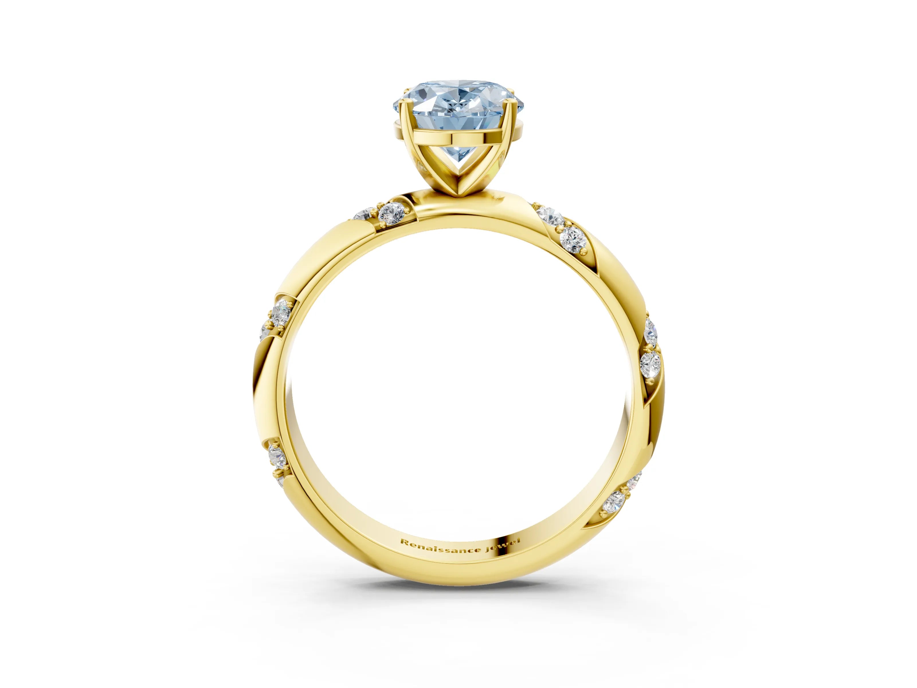 Yellow gold Fancy Blue Oval Cut Solitaire Diamond Engagement Ring with Twisted Pave Band and Four-Prong Setting_6