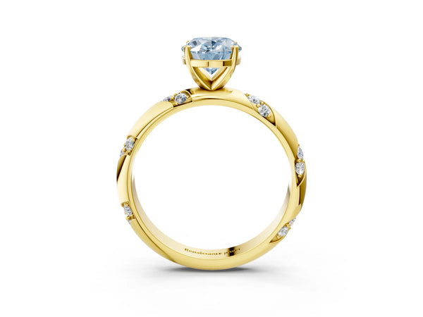 Yellow gold Fancy Blue Oval Cut Solitaire Diamond Engagement Ring with Twisted Pave Band and Four-Prong Setting