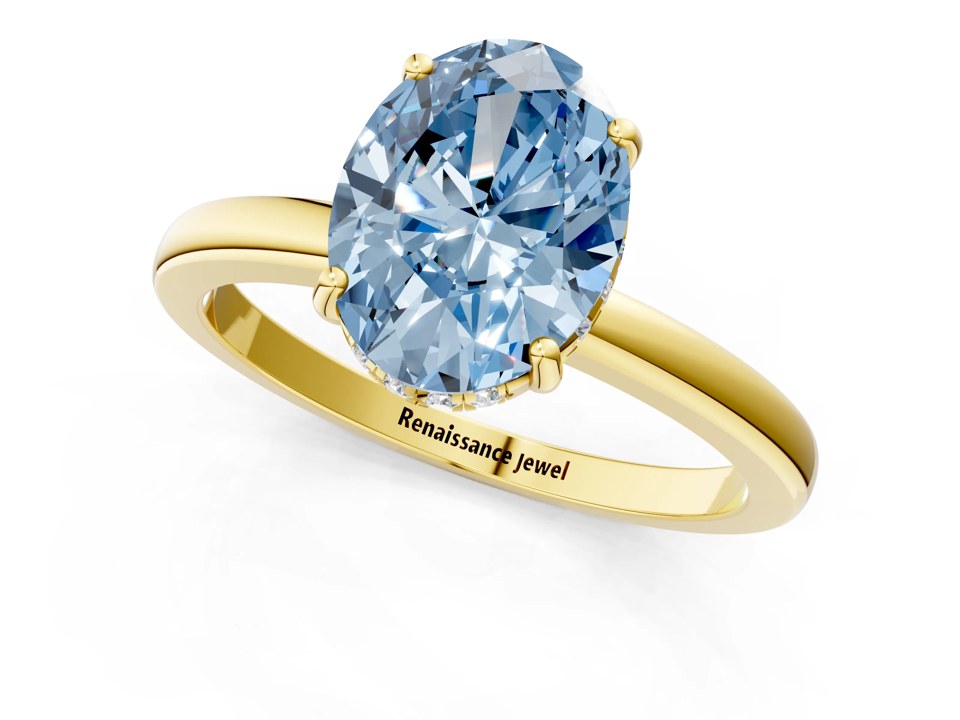 Yellow gold Fancy Blue Oval Cut Solitaire Diamond Ring with Prong Setting and Plain Band_1
