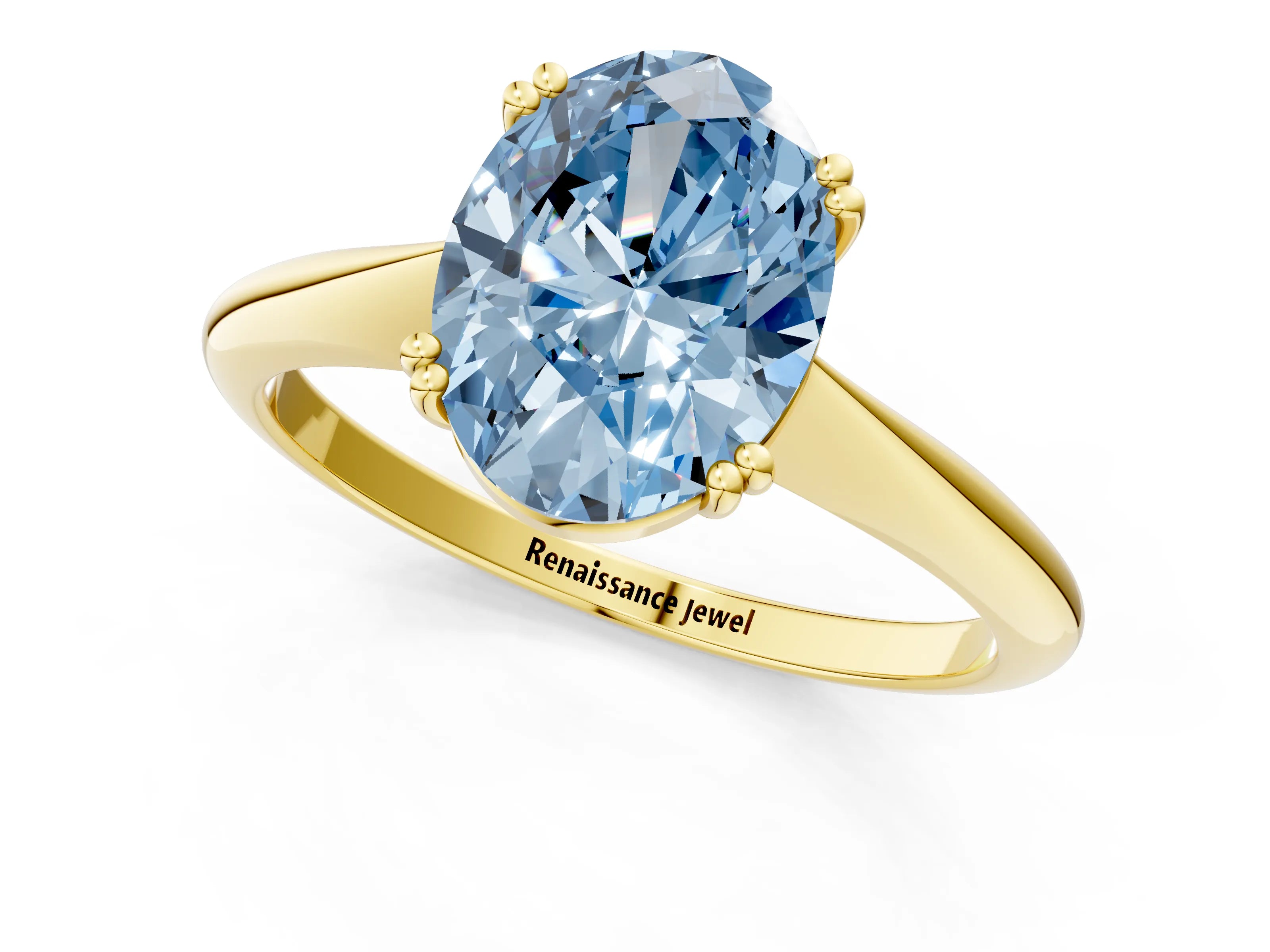 Yellow gold Fancy Blue Oval Cut Solitaire Diamond Ring with Six-Prong Setting and Classic Band_1