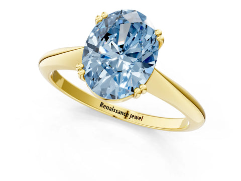 Yellow gold Fancy Blue Oval Cut Solitaire Diamond Ring with Six-Prong Setting and Classic Band_1