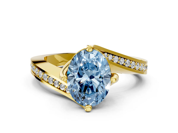 Yellow gold Fancy Blue Oval Cut Solitaire Diamond Twist Band with Pavé Setting and Four-Prong Setting