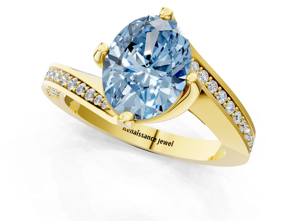 Yellow gold Fancy Blue Oval Cut Solitaire Diamond Twist Band with Pavé Setting and Four-Prong Setting