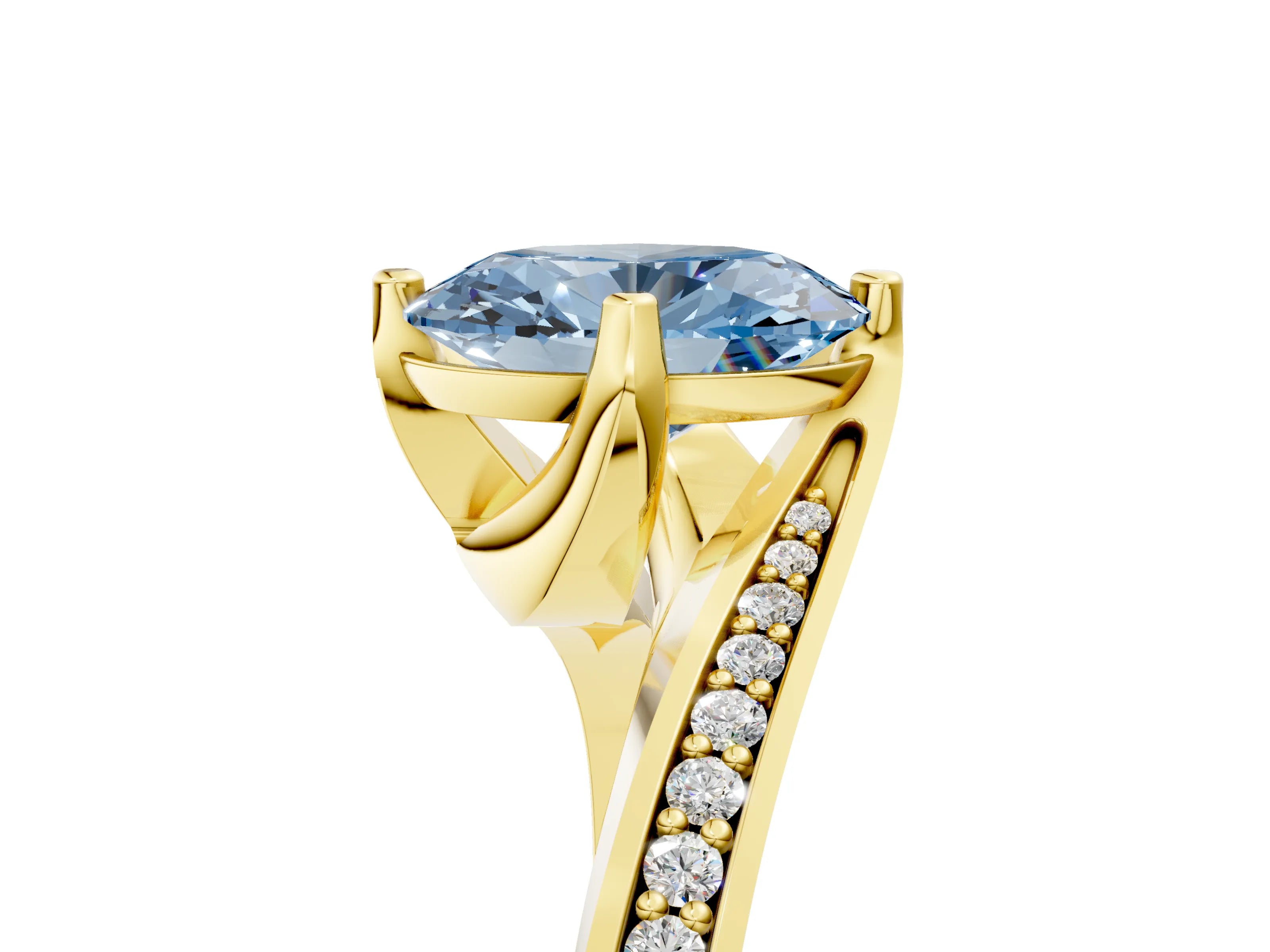 Yellow gold Fancy Blue Oval Cut Solitaire Diamond Twist Band with Pavé Setting and Four-Prong Setting_5