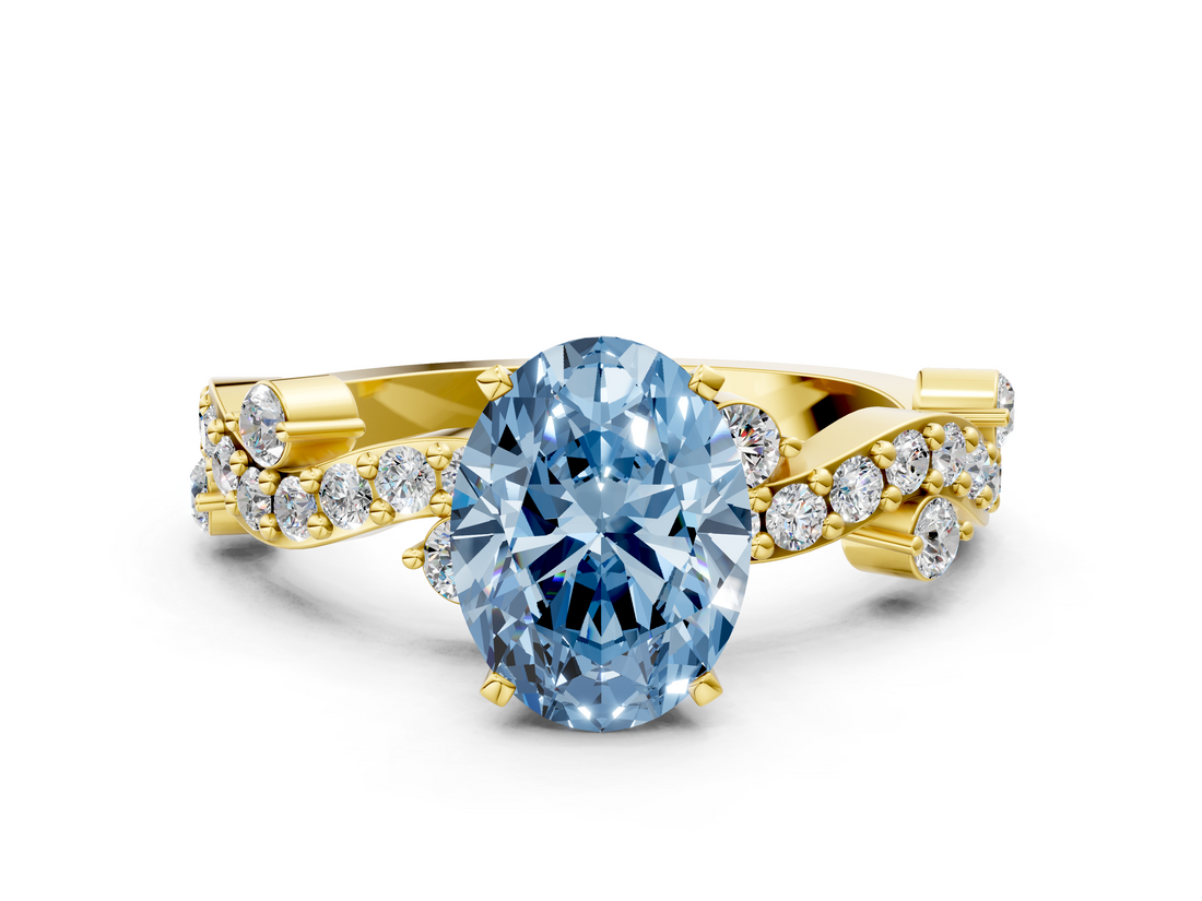 Yellow gold Fancy Blue Oval  Cut Solitaire Diamond Twisted Band with Pave Setting_28
