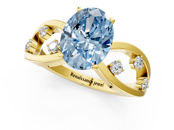 Yellow gold Fancy Blue Oval  Cut Solitaire Diamond with Side Stones on Criss-Cross Band and Four-Prong Setting