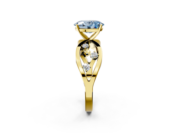 Yellow gold Fancy Blue Oval  Cut Solitaire Diamond with Side Stones on Criss-Cross Band and Four-Prong Setting