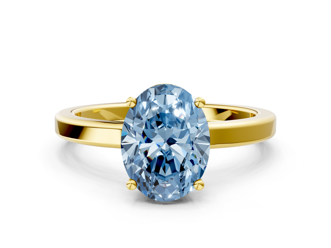Yellow gold Fancy Blue Oval  Cut Solitaire Engagement Ring with Four-Prong Setting on a Classic Band_20
