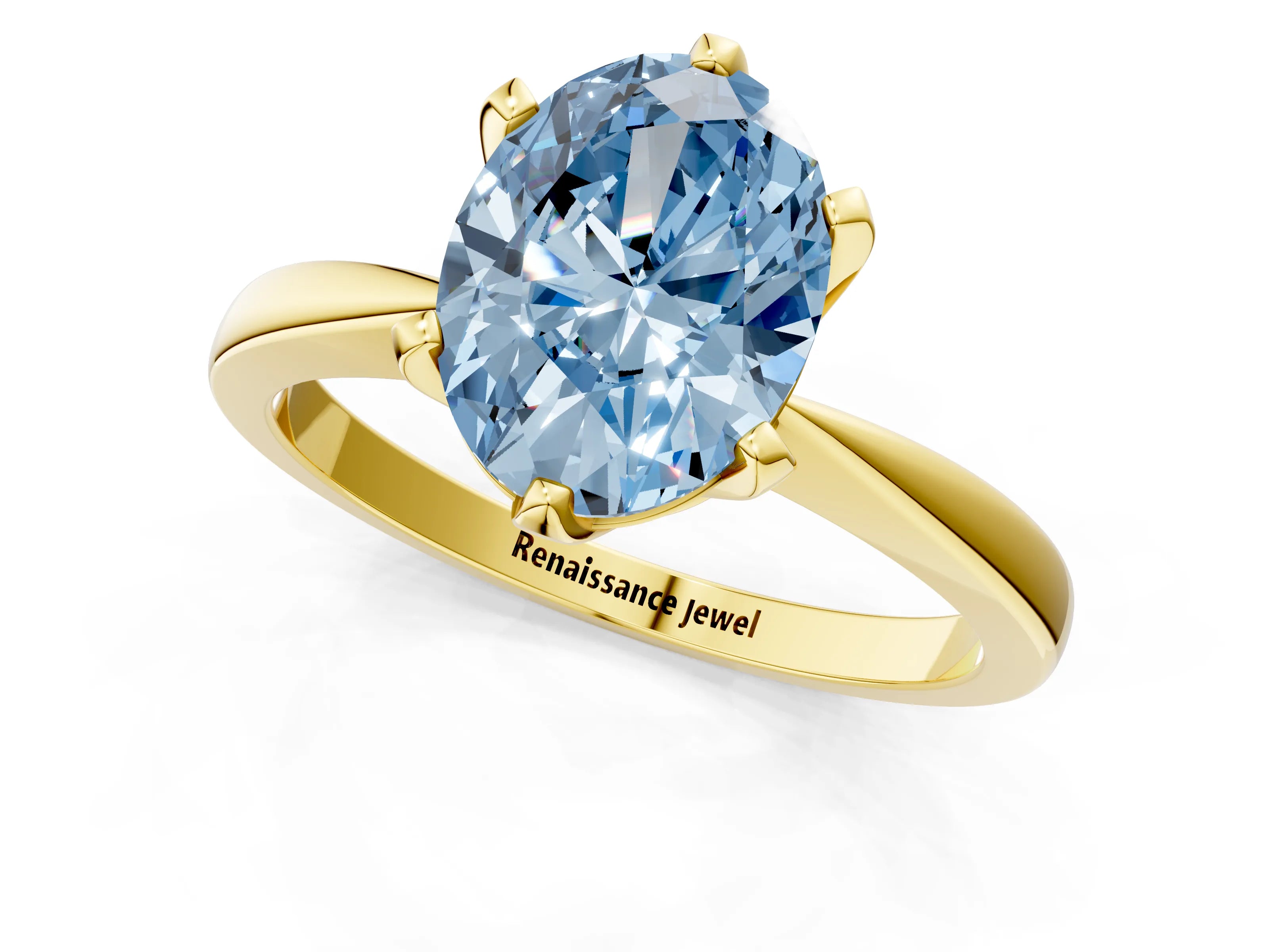 Yellow gold Fancy Blue Oval Cut Solitaire Engagement Ring with Six-Prong Setting and Tapered Band_1