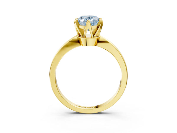 Yellow gold Fancy Blue Oval Cut Solitaire Engagement Ring with Six-Prong Setting and Tapered Band