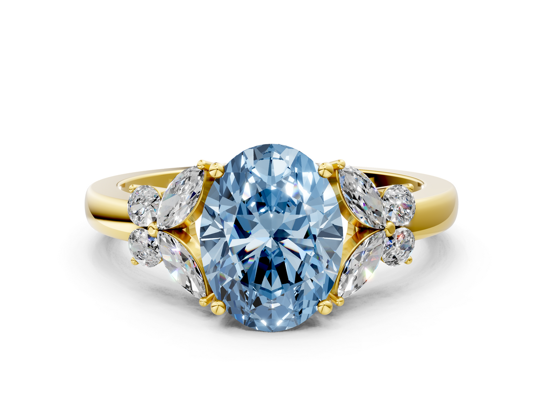 Yellow gold Fancy Blue Oval  Cut Solitaire Floral Diamond Ring with Four-Prong Setting_37