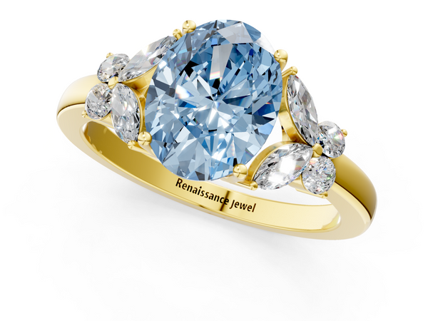Yellow gold Fancy Blue Oval  Cut Solitaire Floral Diamond Ring with Four-Prong Setting