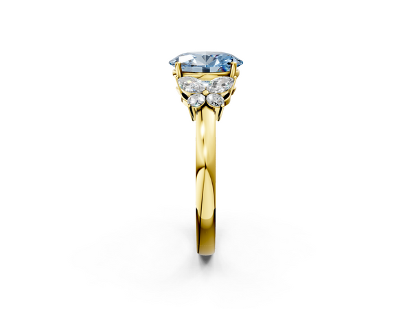 Yellow gold Fancy Blue Oval  Cut Solitaire Floral Diamond Ring with Four-Prong Setting