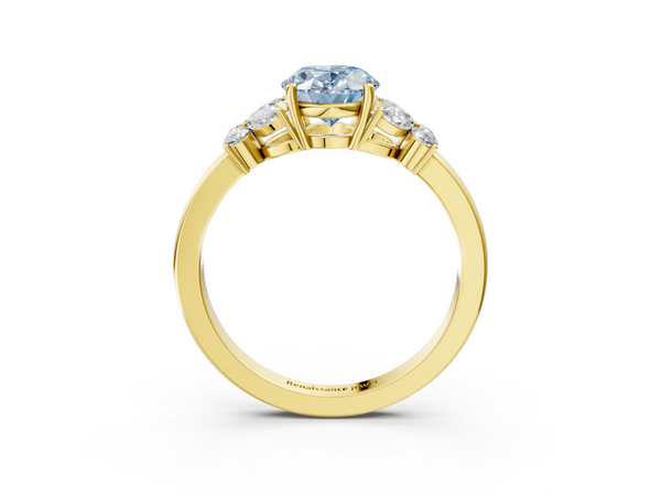 Yellow gold Fancy Blue Oval  Cut Solitaire Floral Diamond Ring with Four-Prong Setting