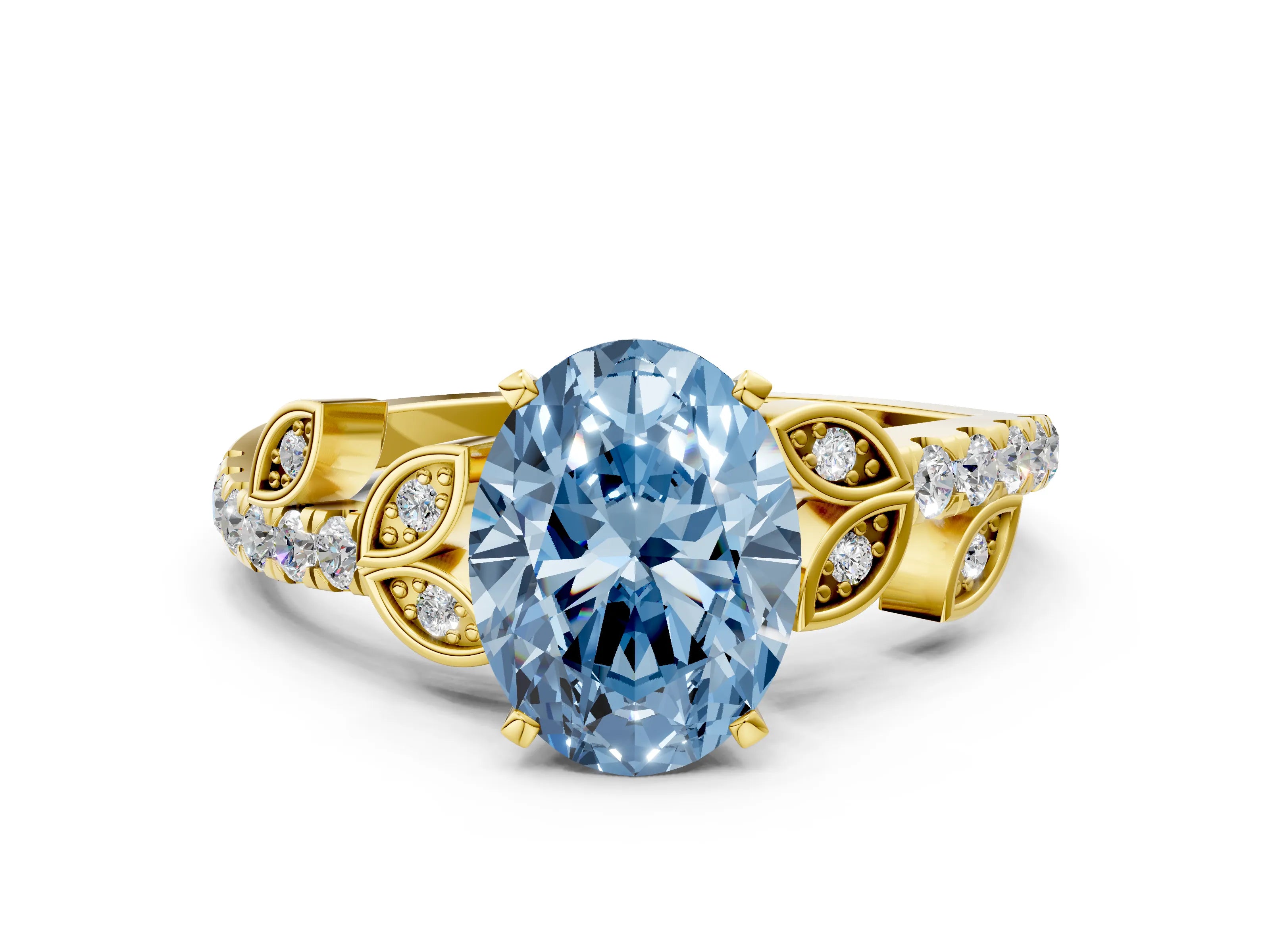 Yellow gold Fancy Blue Oval Cut Solitaire Leaf-Inspired Diamond Ring with Pavé Band and Four-Prong Setting