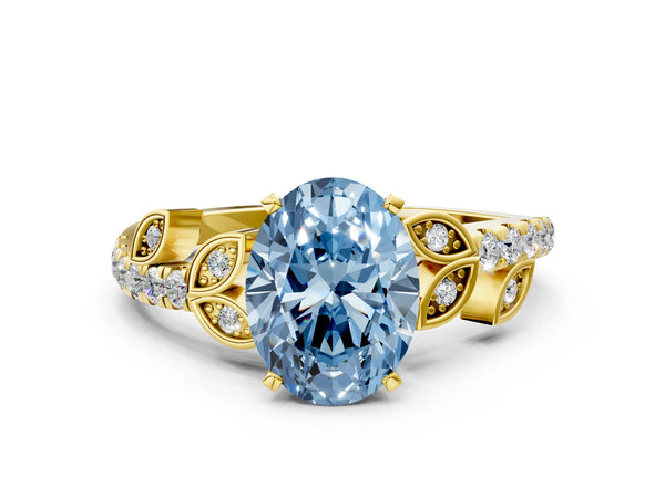 Yellow gold Fancy Blue Oval Cut Solitaire Leaf-Inspired Diamond Ring with Pavé Band and Four-Prong Setting