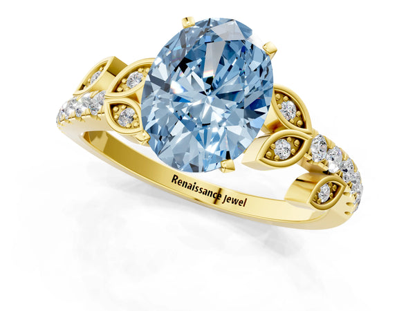 Yellow gold Fancy Blue Oval Cut Solitaire Leaf-Inspired Diamond Ring with Pavé Band and Four-Prong Setting